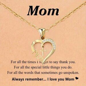 Gold Mom Heart Cross Necklace Christian Jewelry Mother’s Day Birthday Gift